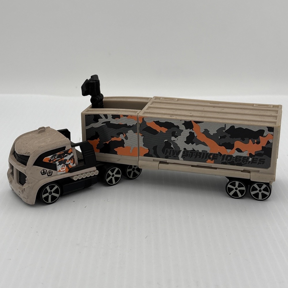 Hot Wheels HW Strike 10-68 ES Orange Camo Semi Truck with Trailer 8" Inch Loose
